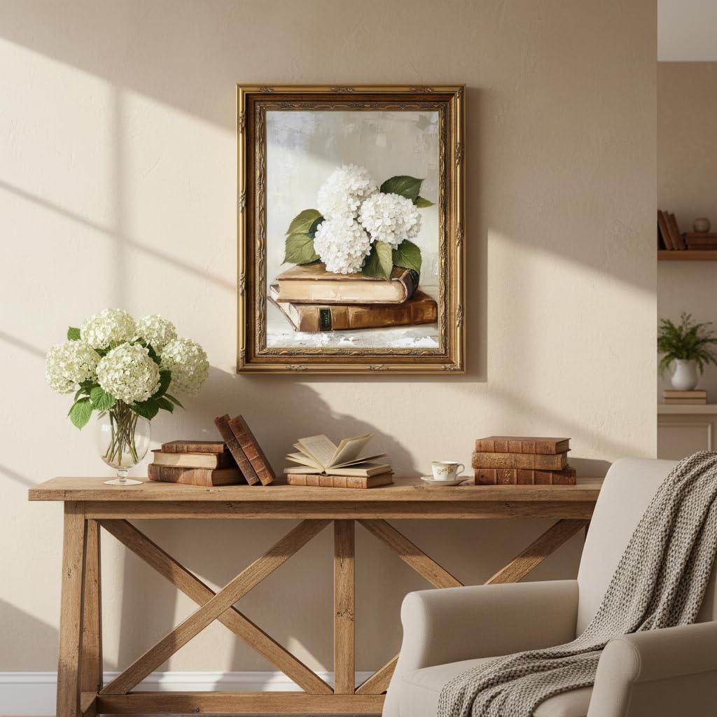 Gold Vintage Framed Floral Book Wall Art Rustic Bookish Hydrangea Painting Picture Wall Decor Elegant Cottage Flowers Poster Print Artwork for Library Reading Room Nook Corner Classroom Home Decoration