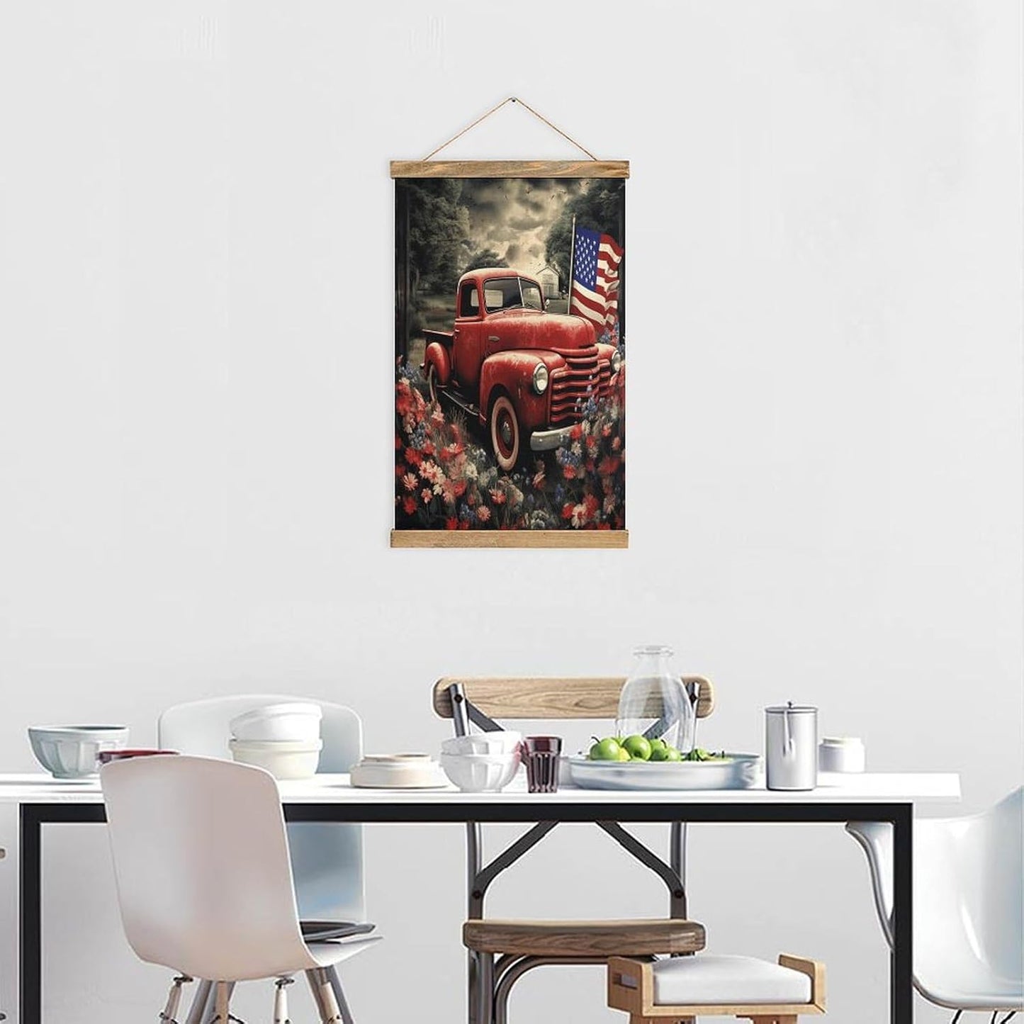 Vintage 4th Of July Patriotic Old Red Truck Poster with Wooden Frame Personalized Linen Hanging Scroll Painting Rustic Wall Hanging Illustrative Modern Artwork Decor for Home Living Room Bedroom Offic