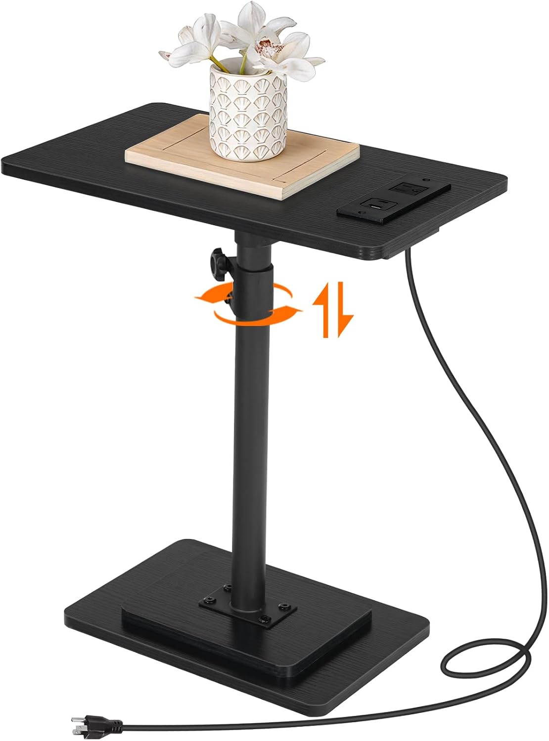 HOOBRO Adjustable Height End Table, 360° Swivel Narrow Side Table with Charging Station, Narrow Sofa Bedside Table for Small Space, Living Room, Bedroom, Black BB425UBZ01