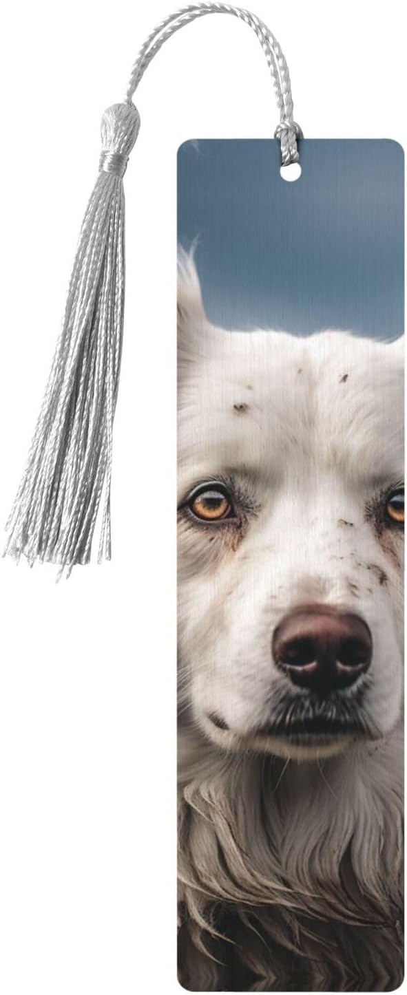 Big White Dog Bookmarks Gifts for Women Men, Wooden Bookmarks for Book Lovers, Vintage Book Marks Ornaments with Tassel, Unique Personalized Reading Page Markers Gray
