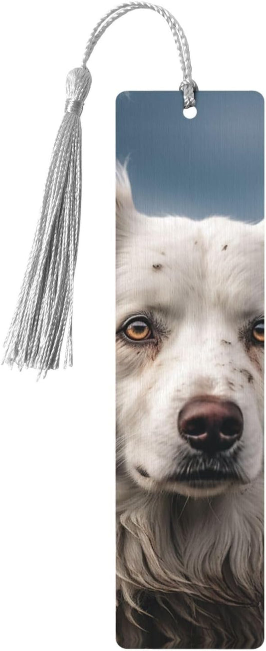 Big White Dog Bookmarks Gifts for Women Men, Wooden Bookmarks for Book Lovers, Vintage Book Marks Ornaments with Tassel, Unique Personalized Reading Page Markers Gray