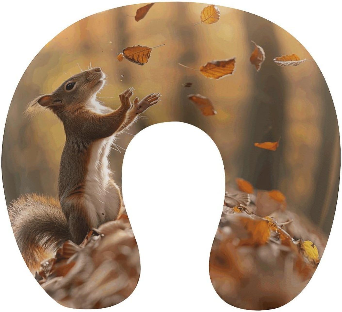Squirrel and Leaves Neck Pillow Memory Foam U Shaped Pillows Portable Pillows for Shoulder Travel Head Support Pillow with Concealed Zipper for Airplane Car Home Office
