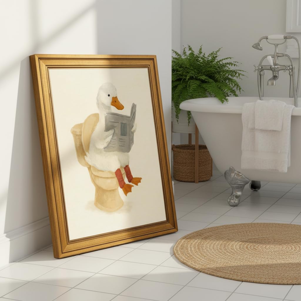 Vintage Gold Framed Duck Bathroom Wall Art Funny Duck Reading on Toilet Painting Picture Wall Decor Kids Bathroom Poster Beige Cute Animal Poster Print Artwork for Bathroom Home Decoration