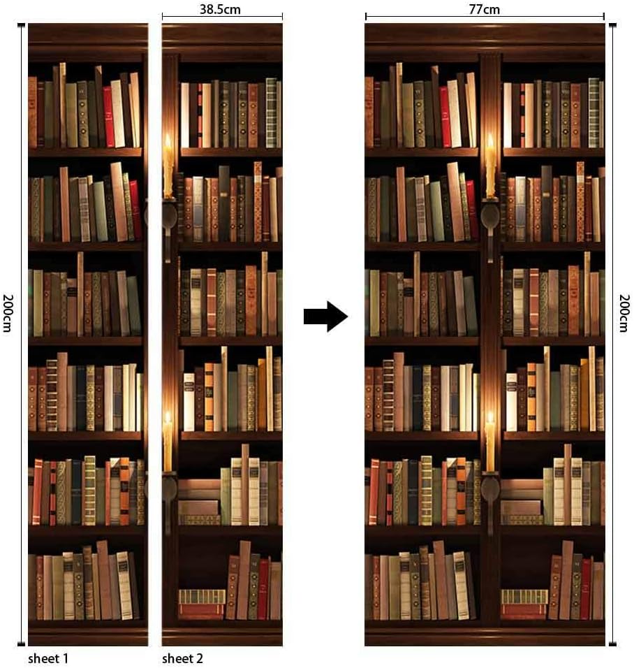 COLORSPRING 3D Book Shelf Door Stickers Decal Peel and Stick, Door Mural Covers Removable Wallpaper for Home Décor (MT-158)