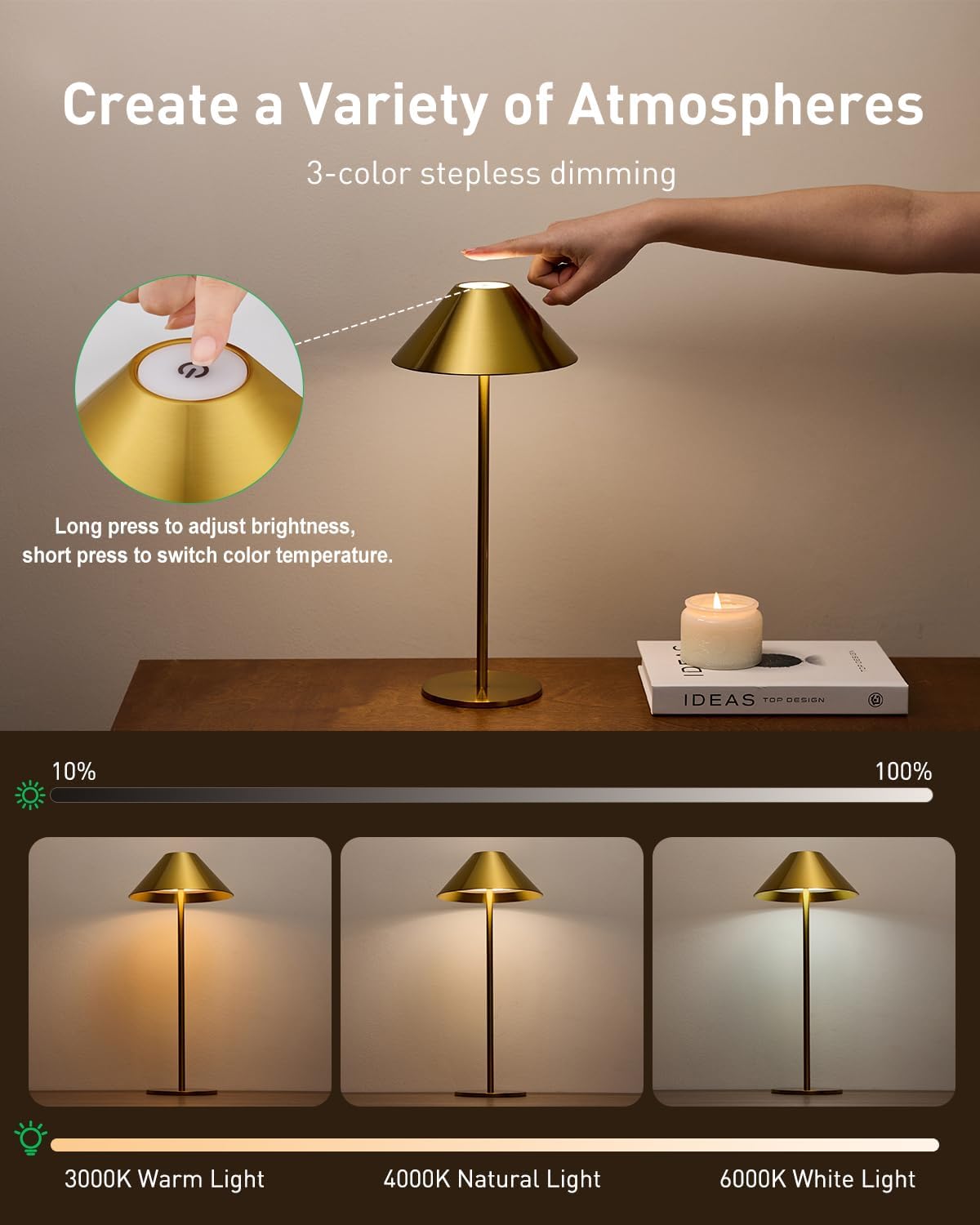 Bojim Gold Cordless Table Lamp, Rechargeable Touch Lamps with 3 Color Dimming, Wireless Battery Operated Lamp for Bedroom/Living Room