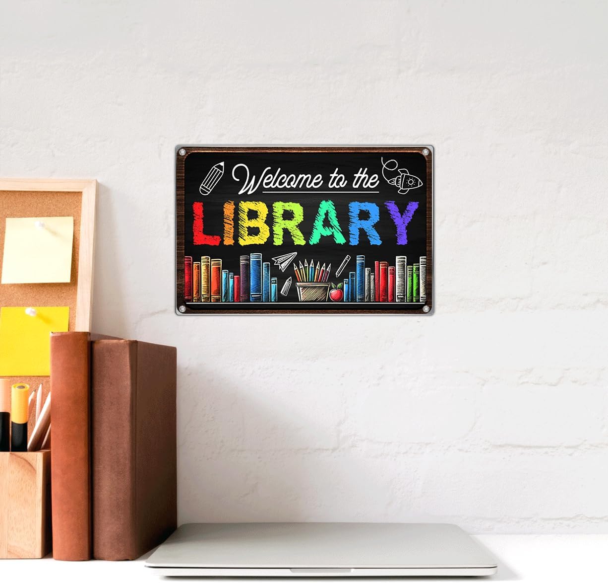 Welcome To The Library Sign 12 x 8 Inch Metal Wall Decor Chalkboard Style Colorful Book Lover Reading Corner Classroom Teacher Student School Decoration Art Home Outdoor