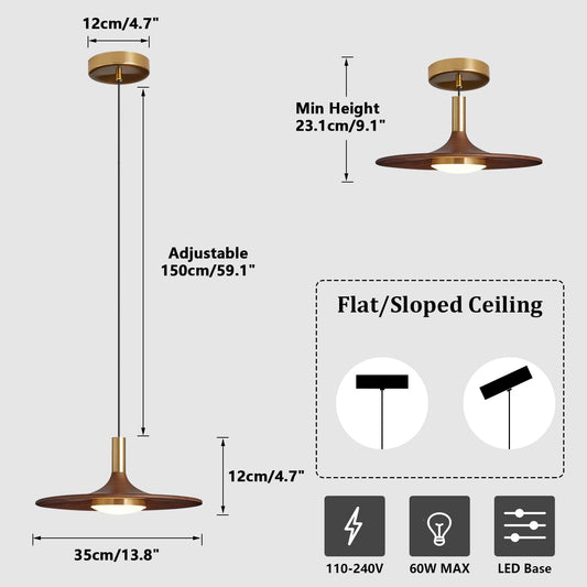 Dimmable Pendant Light, Wood Grain Finish LED Pendant Light Fixture, Modern Metal Dining Pendant Lights for Hotel Bar Kitchen Island Entryway