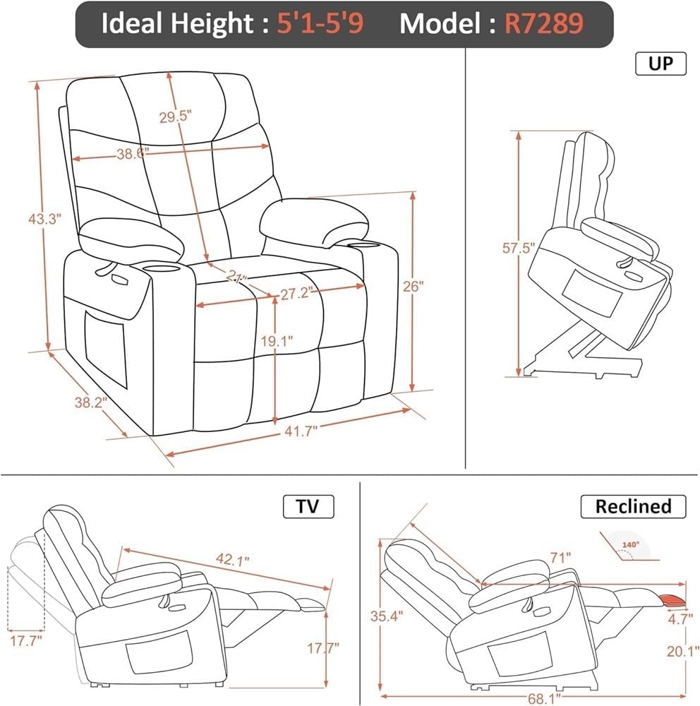 Leather Home Theater Power Lift Recliner Chair for Elderly, Ergonomic Electric Reclining Sofa with Massage and Heat, Heavy Duty Stand Up Chair with USB Ports & Side Pockets