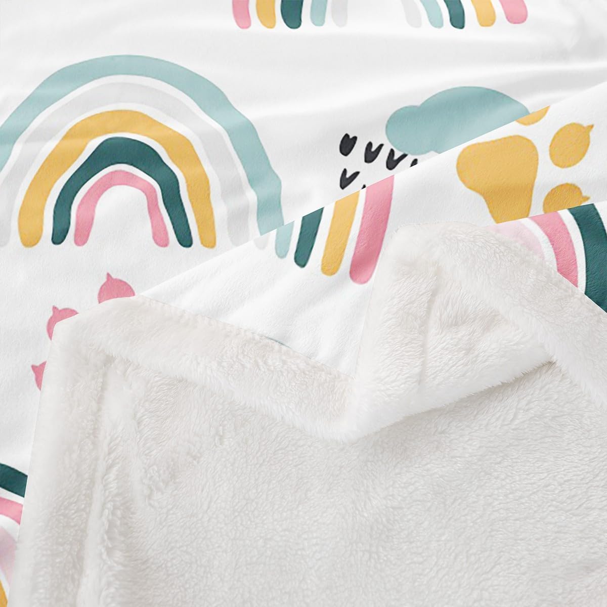 Girls Rainbow Throw Blanket,Cartoon Dog Paw Print Cloud Bones Pattern Blankets for Kids Boys Teens Room Decor,Lovely Pet Animal Theme Fleece Blanket Pink Blue White Sherpa Blanket