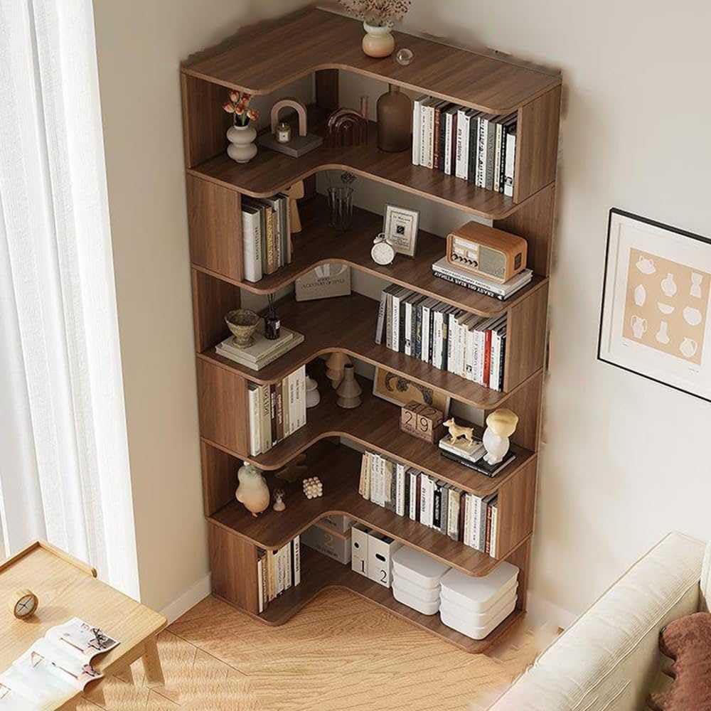 Modern Solid Wood Corner Bookshelf - Six-Layer Open Back Bookcase for Living Room Storage, Versatile Shelves for Books, Decor & Organizing, Space-Saving Design