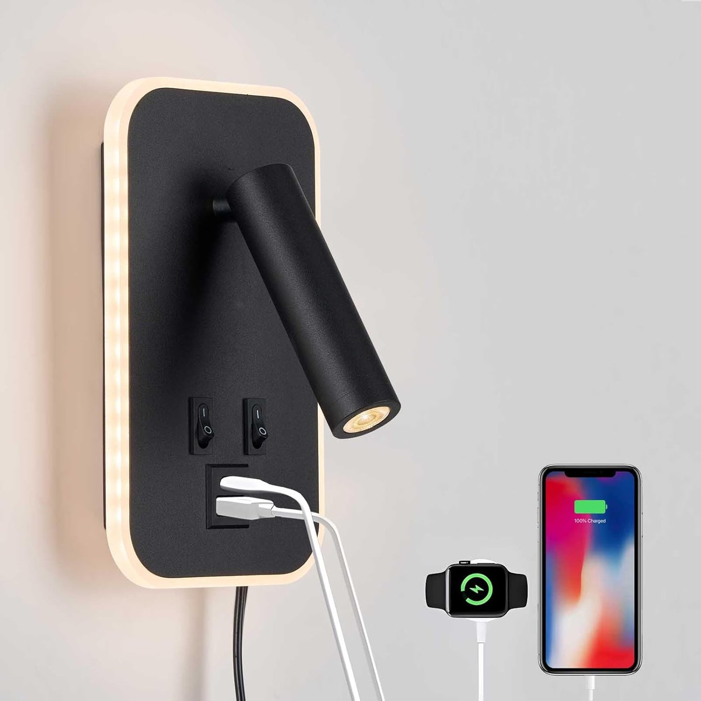 Headboard Reading Light, Bedside Lamp Plug in Hardwired 2 in 1 Wall Sconce Bedside Lamps USB C+A Ports, Adjustable Headboard Lights for Bedroom with 10W+3W Wall Mounted Reading 3000K (Black)