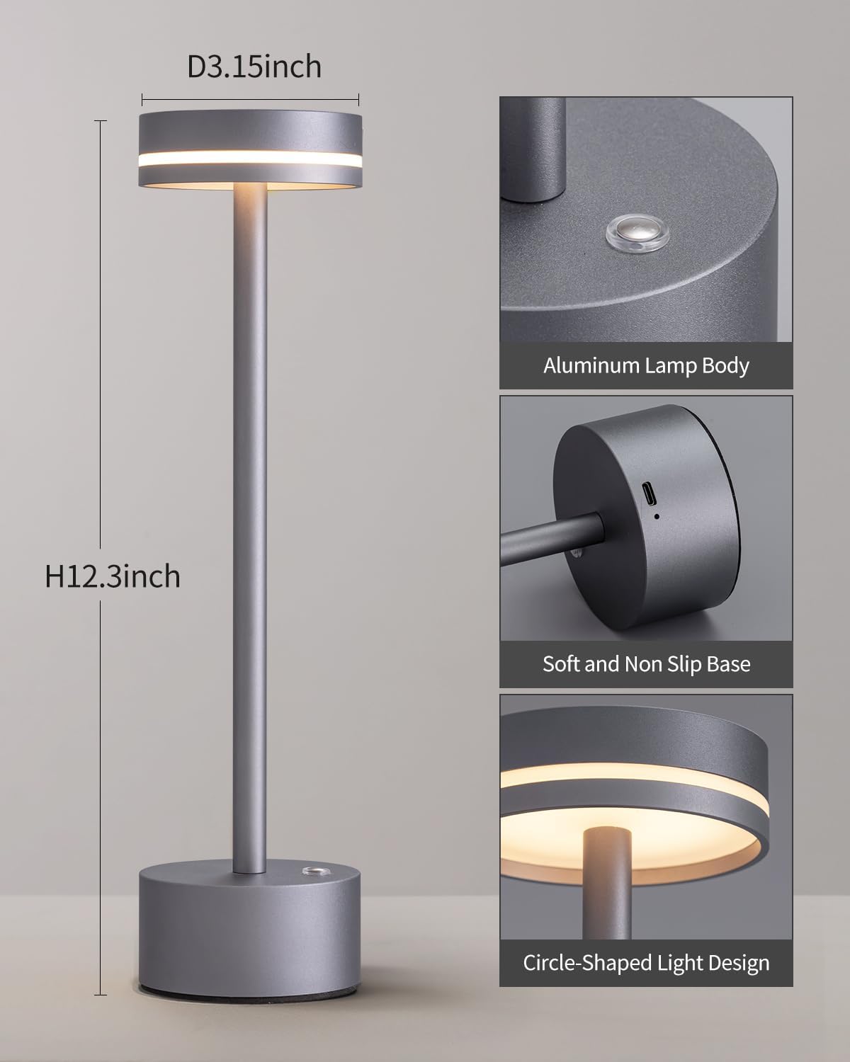 PUSU Portable Table Lamp Battery Powered LED Lamp Cordless Table Lights 3-Level Brightness Touch Control, for Home Office Bedroom Hotel Room Restaurant Outdoor(Gray)