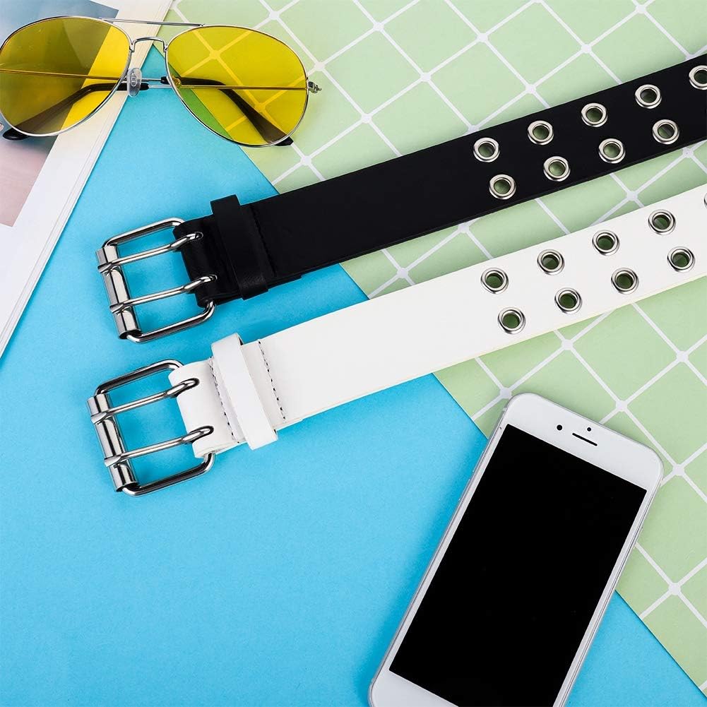 2 Pack Double Grommet PU Leather Punk Belt, 2 Hole Grommet Jeans Belt for Women & Men, Multi, Medium