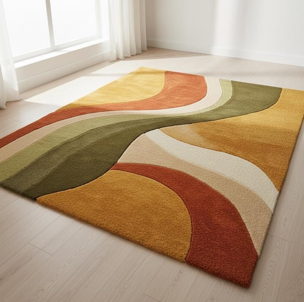 Retro Wave Area Rug, Multicolor Abstract Curved Stripes, Mustard Yellow Rust Orange Olive Green Cream, Modern Bohemian Style (12 * 18 feet)