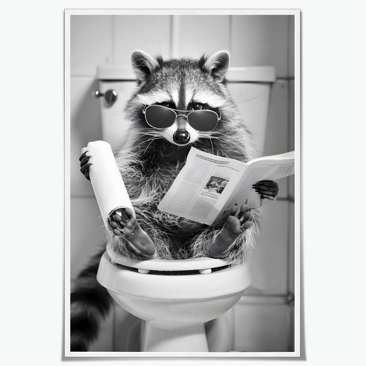 Funny Bathroom Wall Art Raccoon on Toilet Reading Newspaper Poster Trendy Black and White Art Aesthetic Canvas Prints for Bedroom Toilet Wall Decor12x18inch Unframed