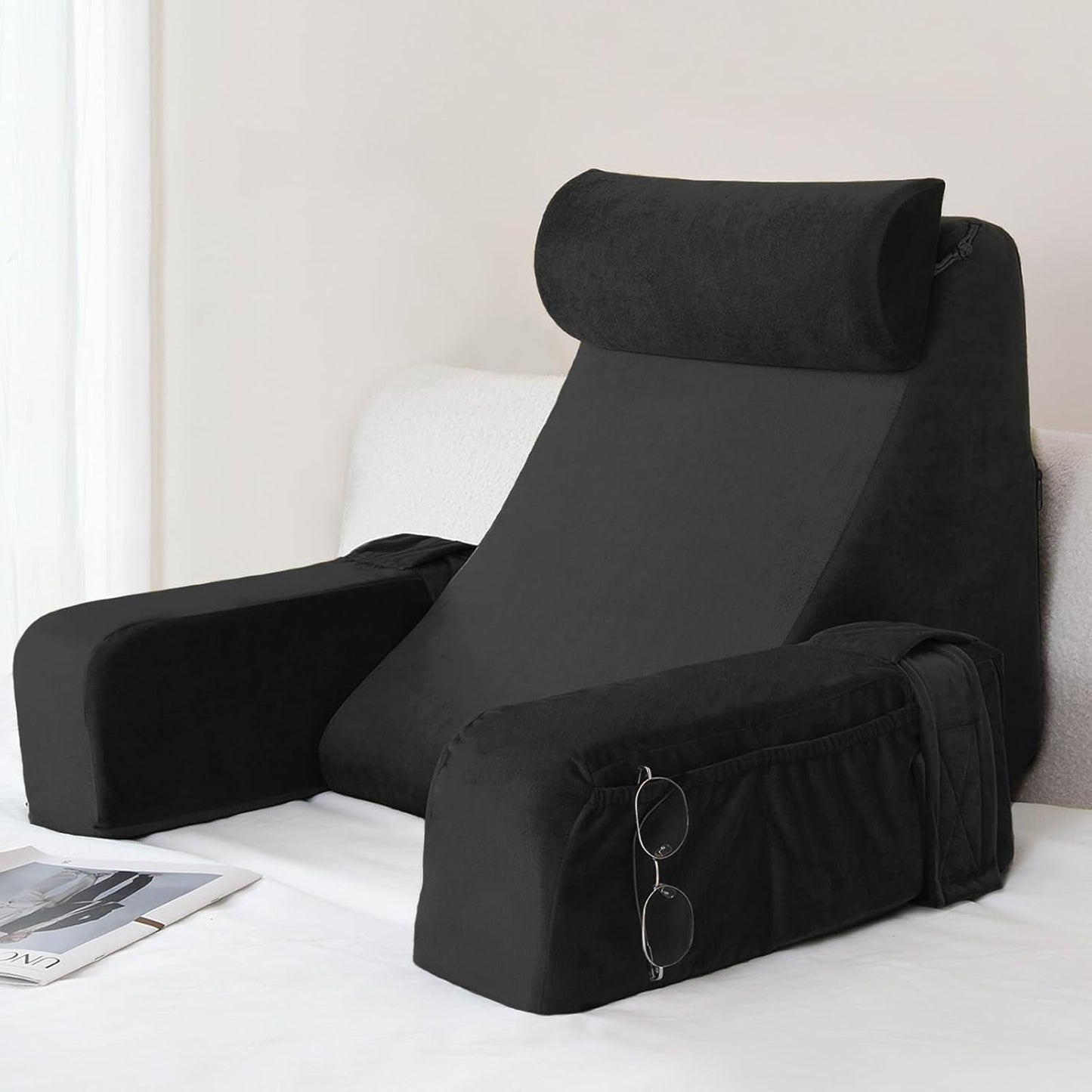 Backrest Pillow with Armrests and Storage Pockets, Gray, Reading Support Cushion with Removable Arms and Neck Roll