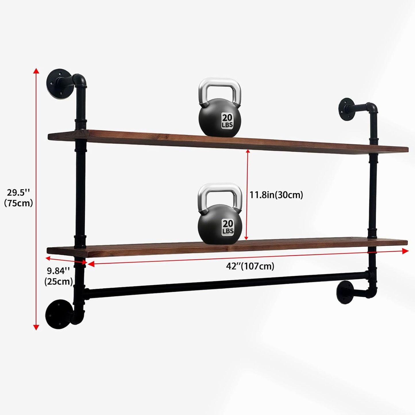 Industrial Pipe Shelving Pine Shelf,Pipe Shelves with Wood Planks,Wall Mounted Bookshelf,Floating Bar Shelves(2 Tier 42In)