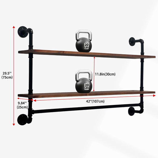 Industrial Pipe Shelving Pine Shelf,Pipe Shelves with Wood Planks,Wall Mounted Bookshelf,Floating Bar Shelves(2 Tier 42In)