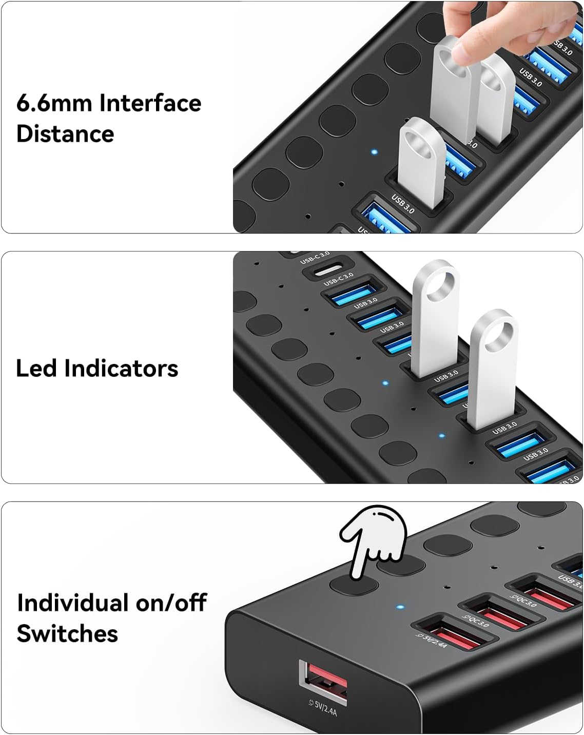 Powered USB Hub, AGEEN 16-Port USB 3.0 Hub (10 USB-A 3.0+2 QC 24W Fast Charging+2 Smart Charging+2 USB-C 3.0 Ports), 12V/8A 96W UL Certified Power Adapter for PC, Laptop, HDD, Flash Drive (16-Port)