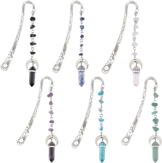 SUNNYCLUE 6Pcs Stone Bookmarks Charm Book Marks Antique Silver Metal Alloy Vintage Natural Synthetic Gemstones Crystal Dangle Pendant Hook Book Makers for Books Teacher Friend Reading Accessories