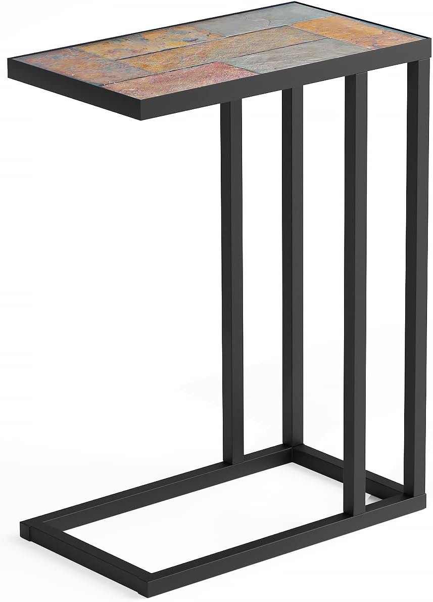 Zhongma Couch Tray Table,C-Shap End Table with Slate Table Top, Solid Real Stone, Side Table,Accent Table for Small Spaces