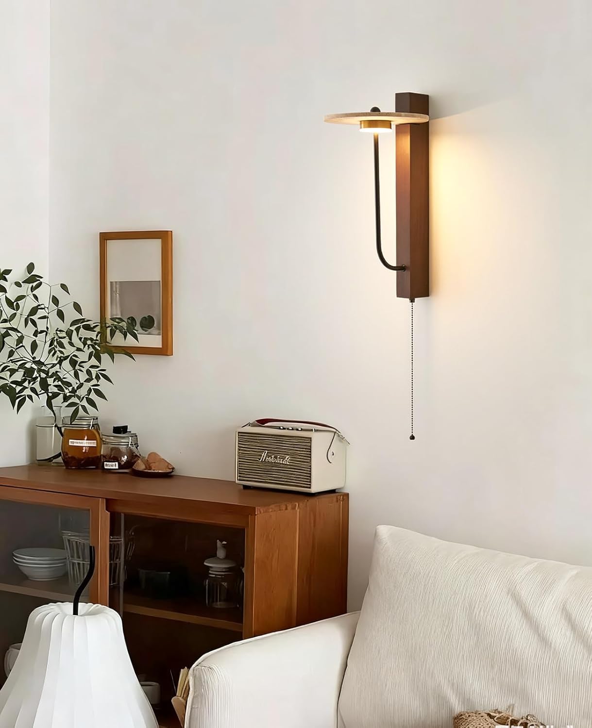 Yellow Travertine Wall Sconce, 15.7" Japanese Vintage Wabi Sabi Light Fixture with Natural Stone Lampshade Pull Cord Switch Wood Base, Art Deco Wall Sconces for Bedside Bedroom Kitchen Island
