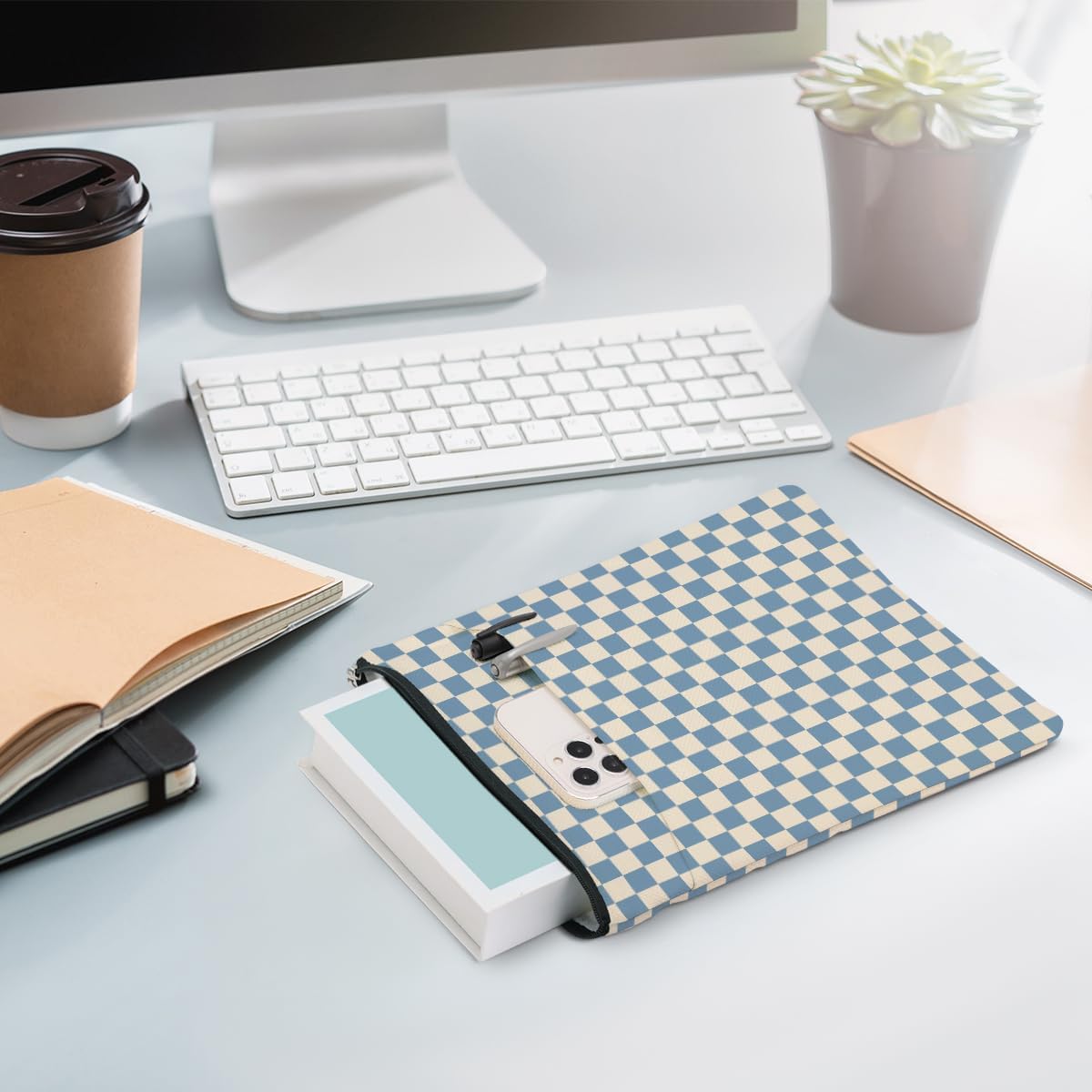 Blue Plaid Book Lovers Gifts Book Sleeve Vintage Checkered Waterproof Book Cover Book Pouch Book Protector with Front Pocket Book Club Christmas Birthday Gifts for Women Girl Reader Book Accessories