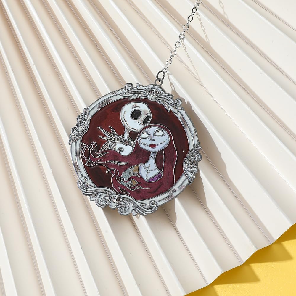 Gothic Christmas Metal Bookmark - Jack & Sally Couple & Silver Chain CharmVintage Engraved Book Accessory for Dark Holiday Lovers, Timeless Macabre Jewelry Gift (Red & Black)