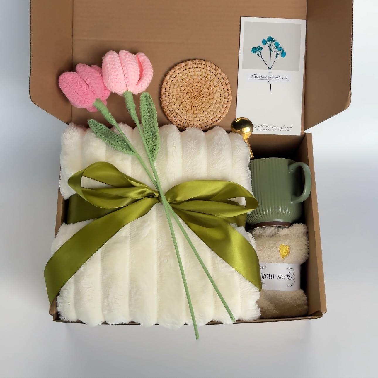Self Care Gift Basket for Women – 8-Piece Thoughtful Present for Birthdays, Mother's Day, Graduation, Recovery, Mental Wellness, Knit Tulip Gift Throw Blanket,Self Love Box,Happy Birthday Gifts.