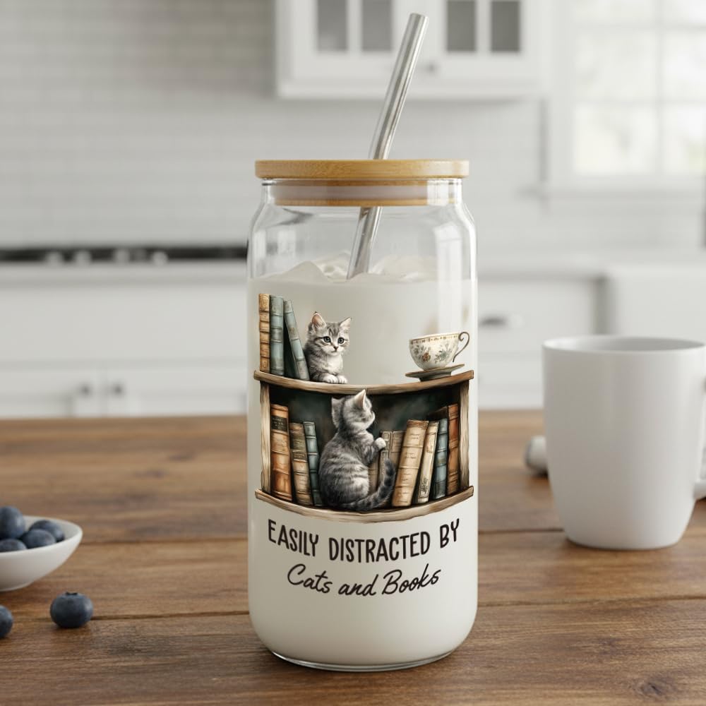 Cute Book Cat Bookish Gifts for Women,Friend,Sister,Reader,Librarian, Book Club GIfts,Best Cats Lover Gift for Cat Lady Mom, Books Mug Gift for Birthday,Christmas,Easily Distracted by Cats Books-126