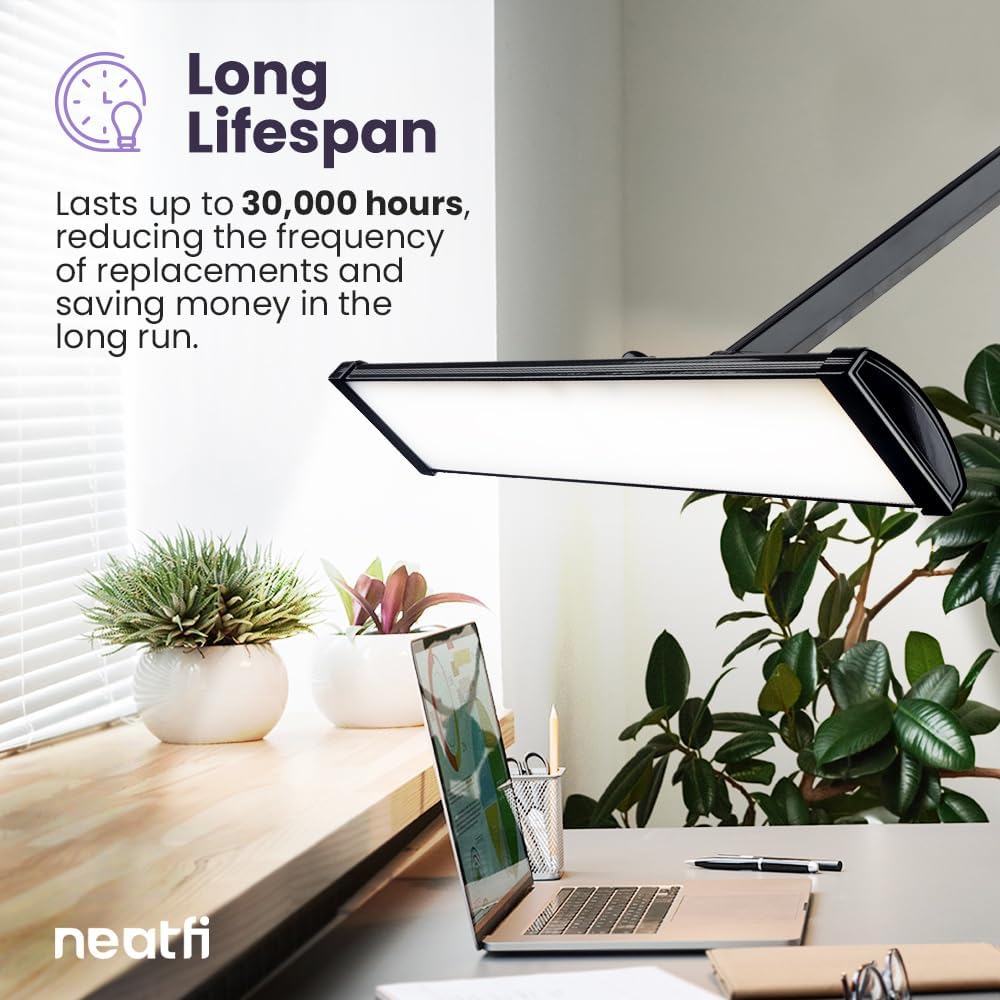 Neatfi Ultra 3,500 Lumens LED Desk Lamp – 45W, 26” Wide Metal Shade, 270 SMD LEDs, Shadow-Free | Adjustable Brightness | Non-Flickering Task Light for Nail, Craft & Office (Non-CCT with Clamp, Black)