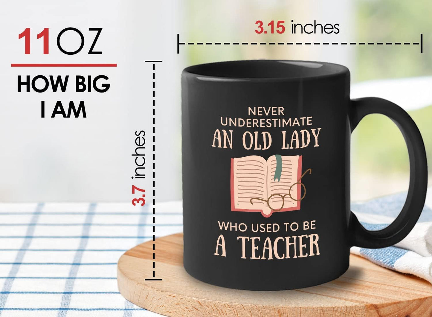 Bubble Hugs Book Lover Coffee Mug 11oz Black - Never Underestimate Old Lady - Reading Reader Grandma Retired Teacher Book Lover Bookish Novelist Librarian Writer