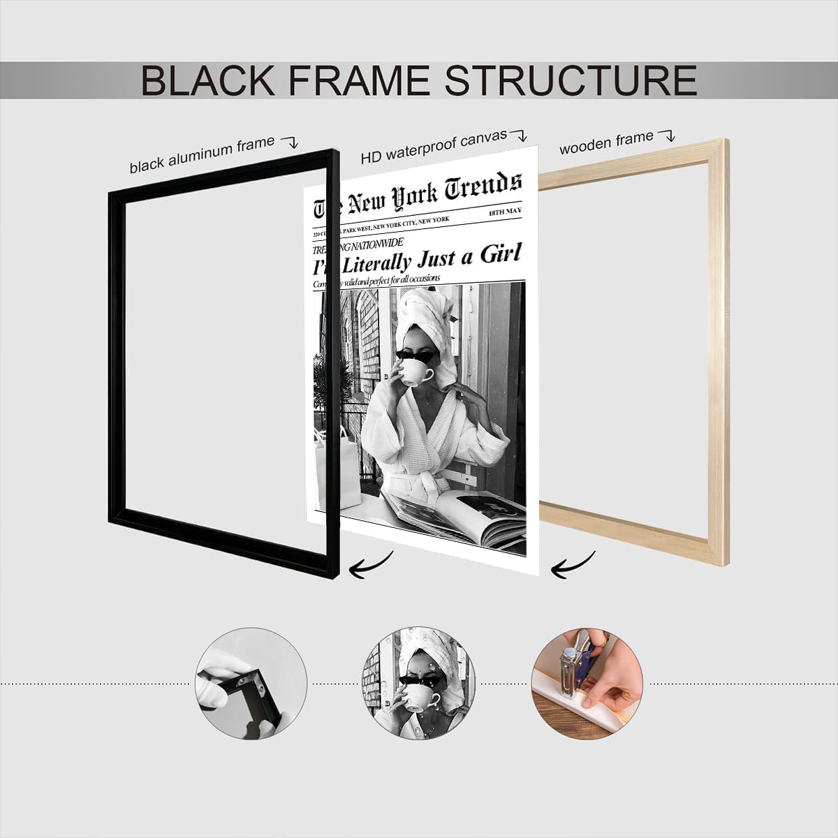 Vintage Black White Newspaper Canvas Wall Art I'M Literally Just A Girl bathroom Posters Trendy Feminist Aesthetic Print Painting For Home Bedroom Apartment Wall Decor 12x16in Unframed