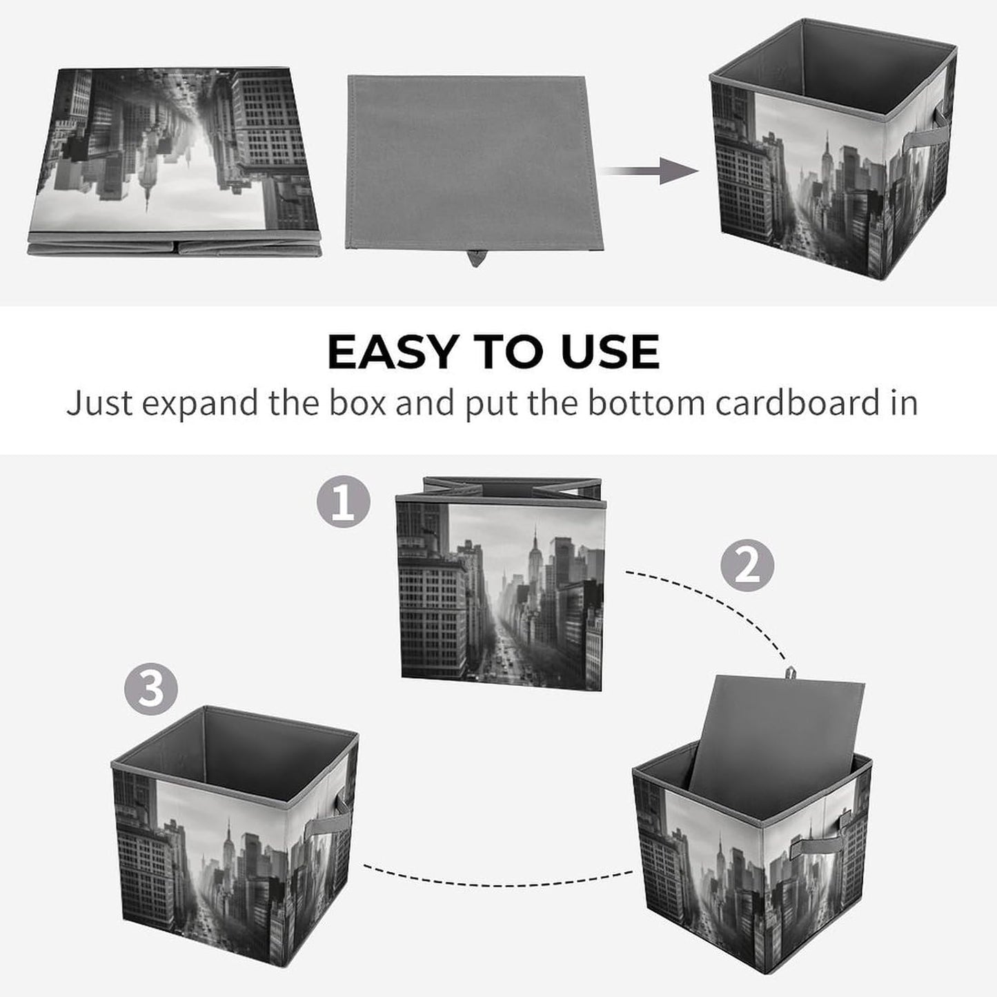 Black And White New York Storage Bins with Handles Fashion Large Storage Cubes Sturdy Foldable Storage Boxes Space-Saving Storage Baskets for Home Office Clothes Closet Organizers