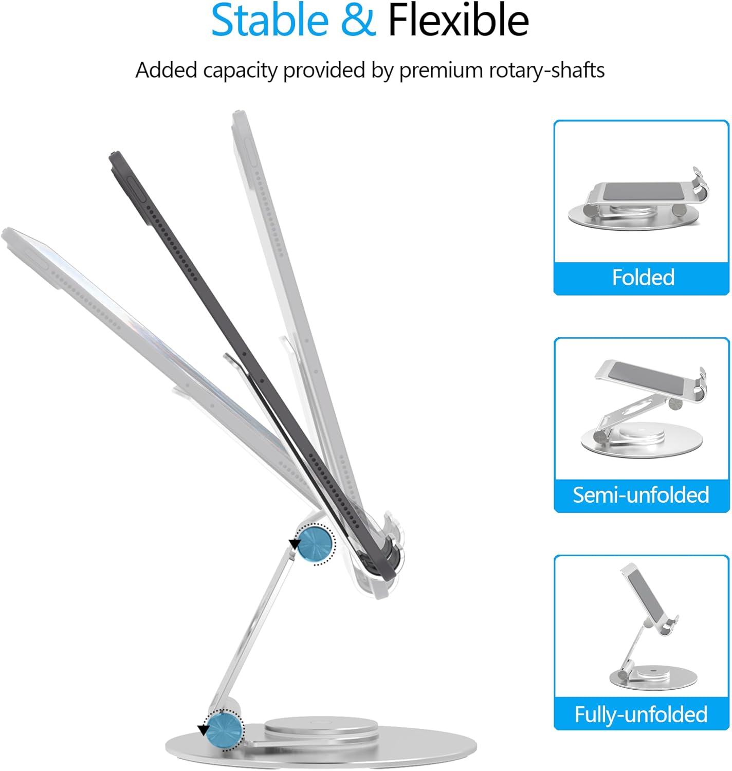 Swivel Tablet Stand, Aluminum Portable 360°Rotating Adjustable Tablet Holder for All 4-12.9’’ iPad Surface Samsung Phone Tablet Kindle E-Reader and More(Silver)