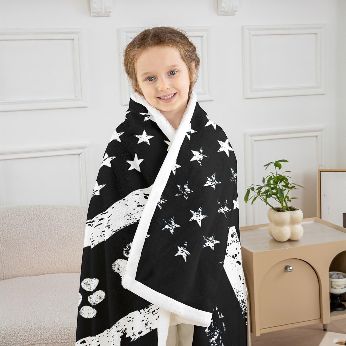 Dog Paws Print Kids Throw Blanket,American Flag Stripes Patriotic Bed Blanket,Girls Boys Adults Sofa Decor,Cute Animals Pets Fleece Blanket,Black White Retro Fuzzy Blanket,Throw Size (50 x 60 Inches)
