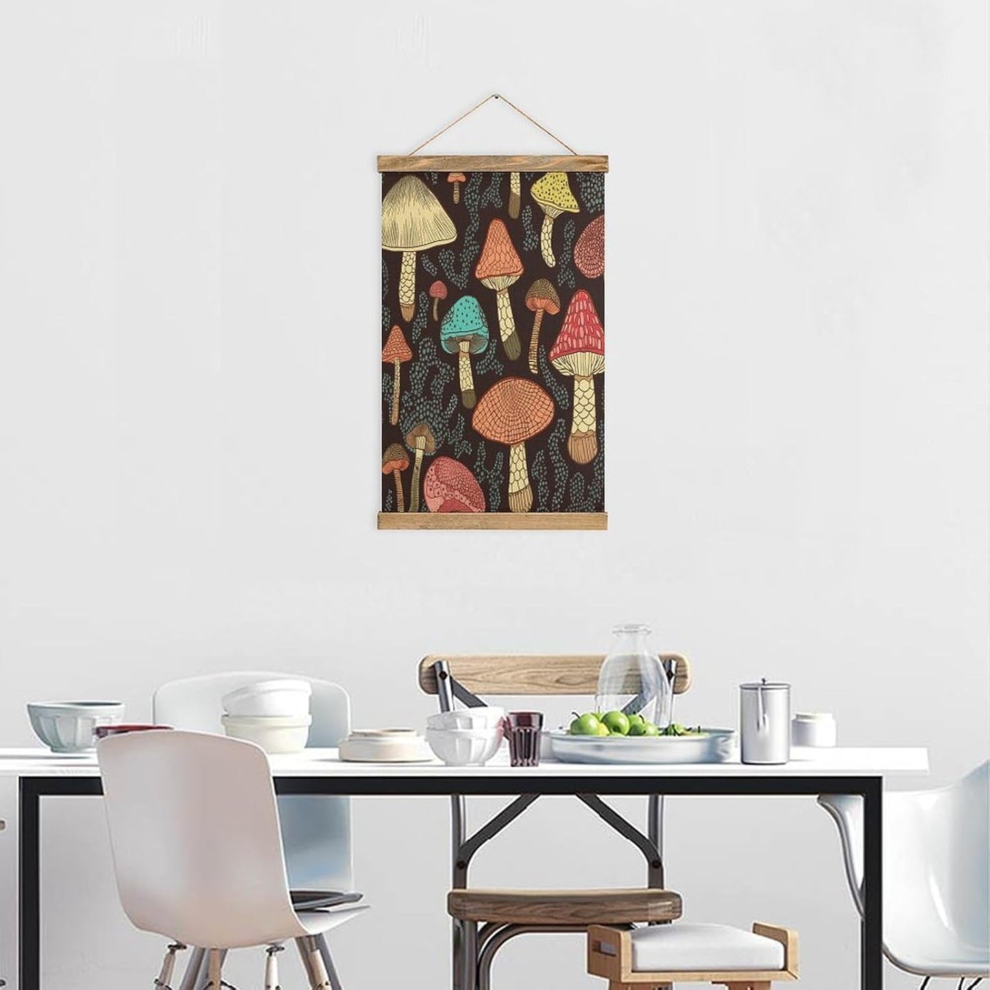 Vintage Mushroom Poster with Wooden Frame Personalized Linen Hanging Scroll Painting Rustic Wall Hanging Illustrative Modern Artwork Decor for Home Living Room Bedroom Office