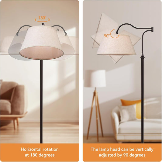 Swing Arm Floor Lamp, Arc Floor Lamps with 180° Adjustable Cantilever for Living Room, Mid Century Standing Lamp with Linen Shade, Tall Lamps for Bedroom Living Room Office Reading Room (Brown)