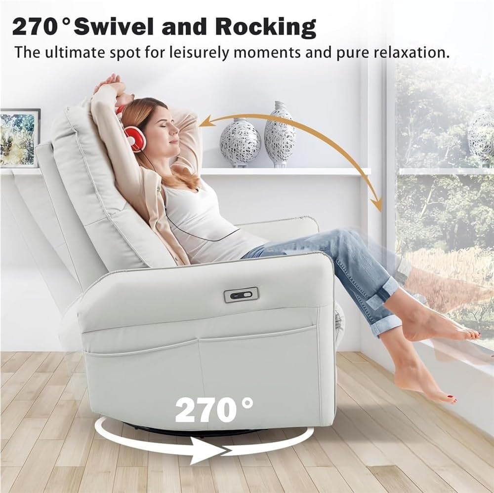 Power Swivel Rocker Recliner Chair with Charging Port, Overstuffed Leather Electric Recliner Chair for Adults, Comfortable Reclining Sofa Chair for Living Room