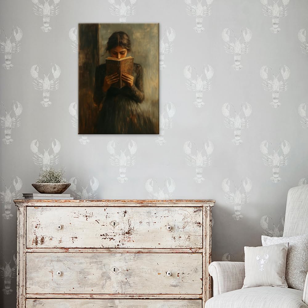 Dark Academia book wall art Decor Victorian Woman Reading Bookish Wall Art Print posters vintage book room library nook Decor Paintings Picture Moody Girl Aesthetic Poster 16x24in Wrapped Canvas