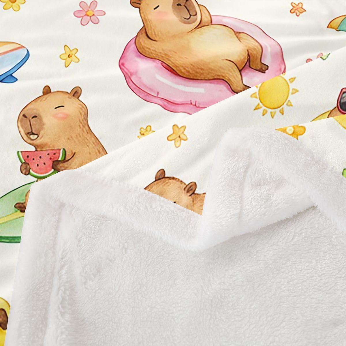 Feelyou Capybaras Sherpa Throw Blanket for Couch Beach Theme Super Soft Cozy Fleece Watermelon Blanket for Winter, Plush Throw Capybara Gifts Throw 50"x60" All Season