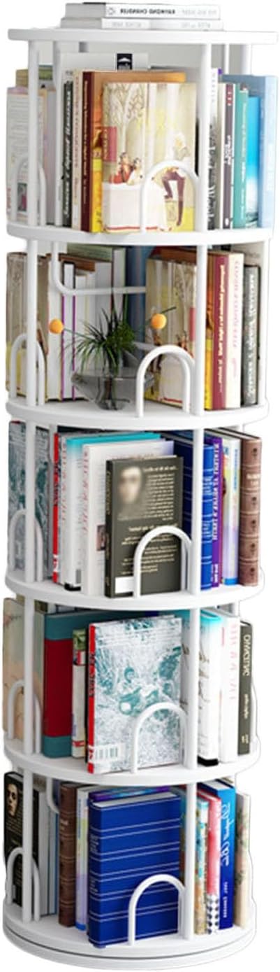 360° Rotating Bookshelf - 5-Tier Display Bookcase & CD Storage Rack, Book Shelf Organizer for Bedroom, Living Room, Office & Library - Stylish White Design