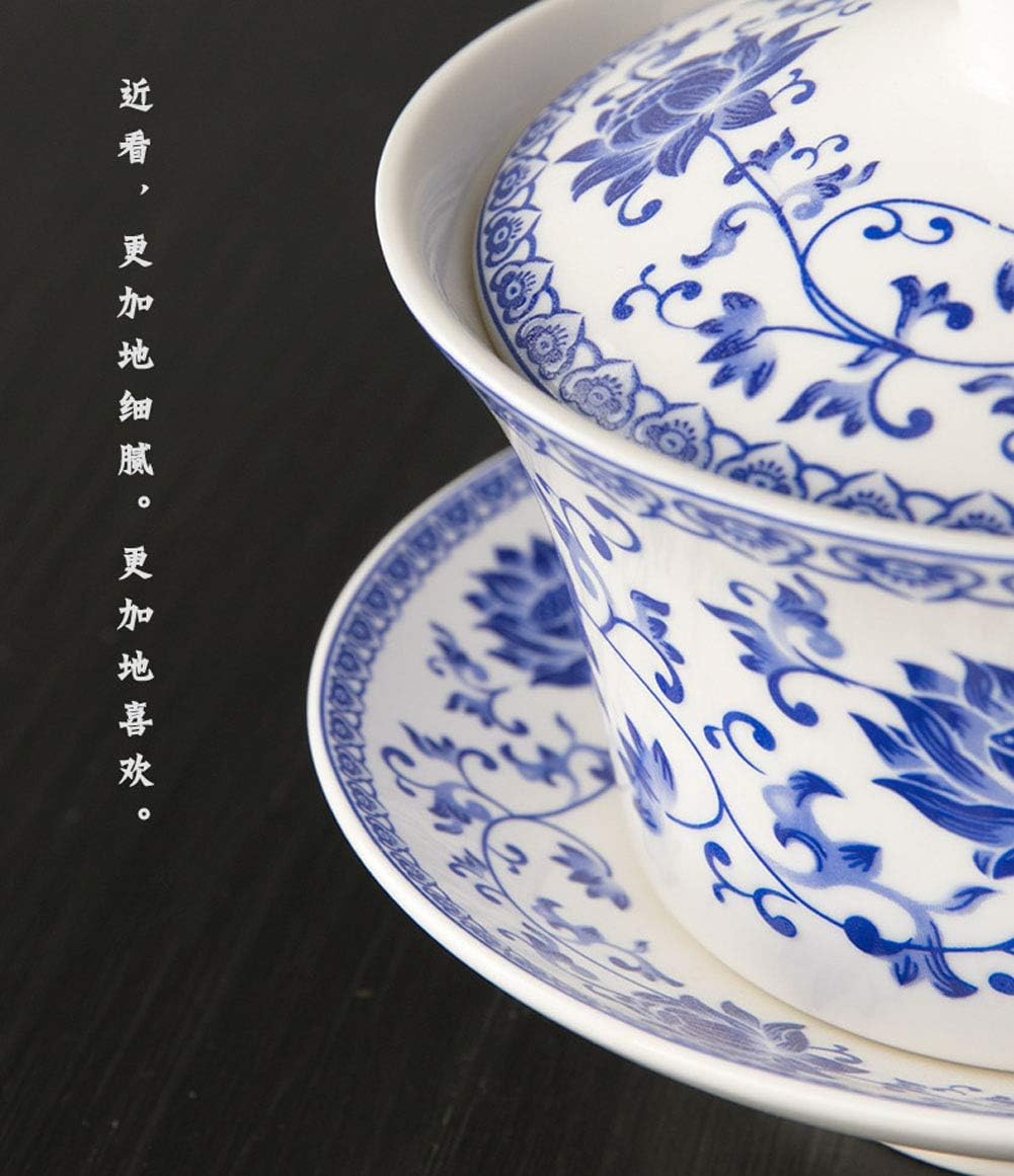 Liang baobao Traditional Gaiwan Tea Set with Lid and Saucer Blue Lotus Design Tea Cup Flower Porcelain Teacups 10oz