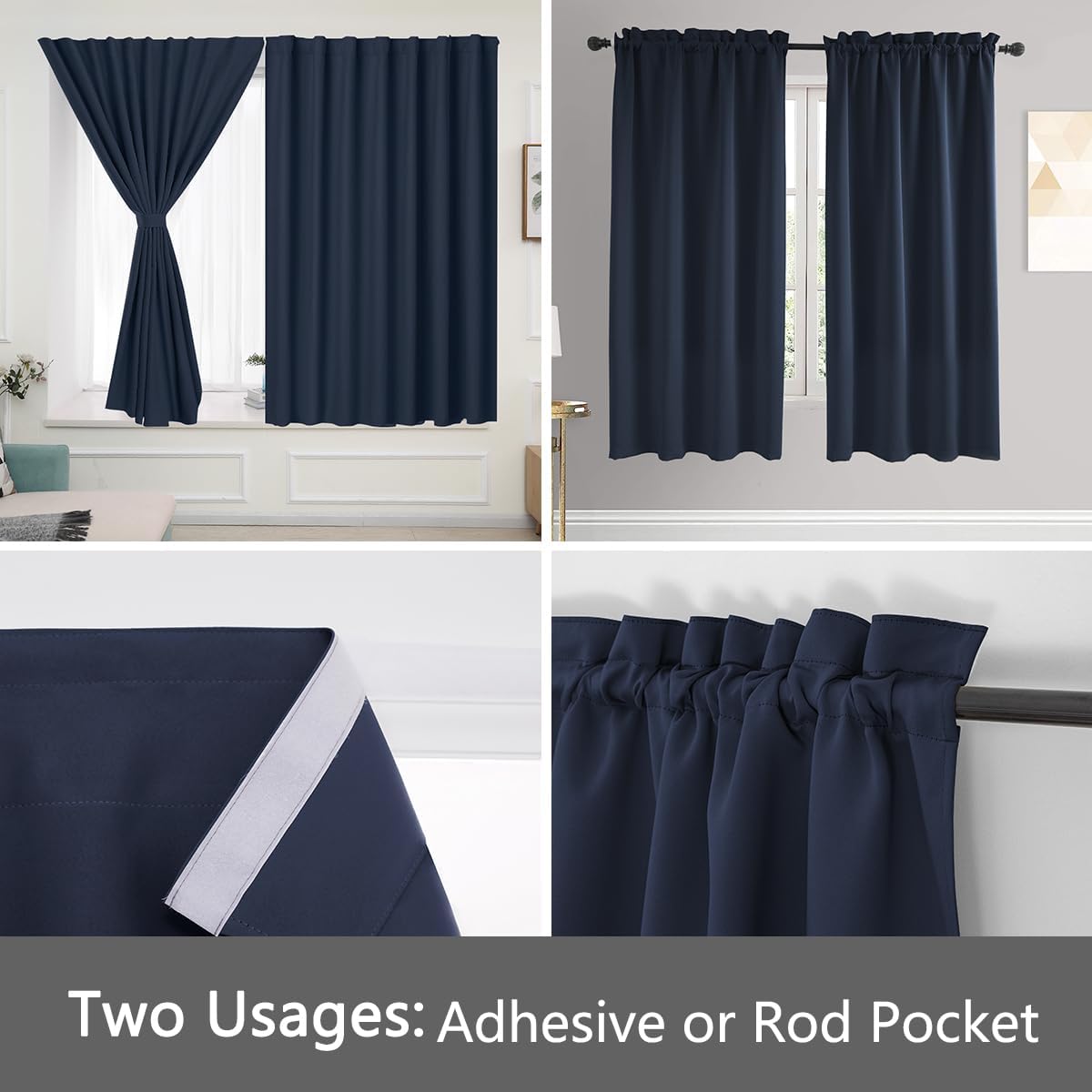 Muamar No Drill Blackout Curtain, Easy Install Window Curtain Panels, Portable Bedroom Curtains 2 Panel Sets, Light Blocking Shades for Window (Navy Blue, 42" W x 84" L)