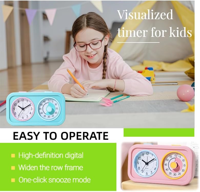 Visual Timer for Kids with Clock, 60 Minute Countdown Timer for Classroom, Home, Kitchen, Work, Dual-Screen Pomodoro Timer with Alarm Clock, Silent Time Management Tool with Night Light (Green)