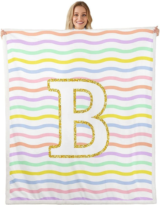 Personalized Initial Letter B Fleece Throw Blanket 40"x50" Kids Abstract Sherpa Blanket Plush Fuzzy for Boys Girls Teens Modern Striped for Bed Couch Chair Living Room Soft Microfiber Geometric