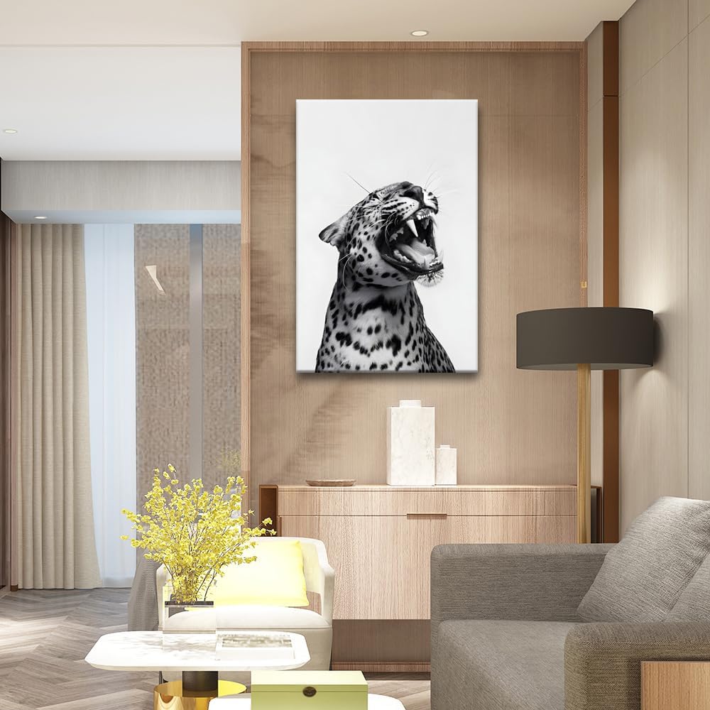 Funny Animal Posters Black and White Leopard Roaring Wall Art Vintage Cheetah Decor Trendy Print Canvas Eclectic Wildlife Aesthetic Prints for Living Room Bedroom Bathroom Poster 16x24in Unframed