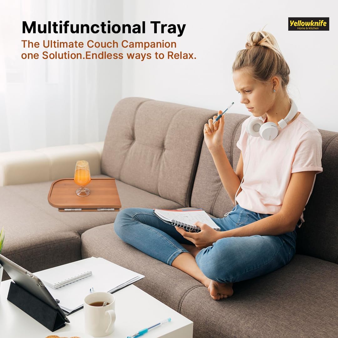 Premium Bamboo Sofa Arm Tray Table -Wooden Couch Arm Tray & Clip-on Sofa Tv tray -Non-Slip Couch Armrest table Caddy For Drinks, Snacks & Dinners -Foldable & Flexible for different Sofa Armrest Shapes