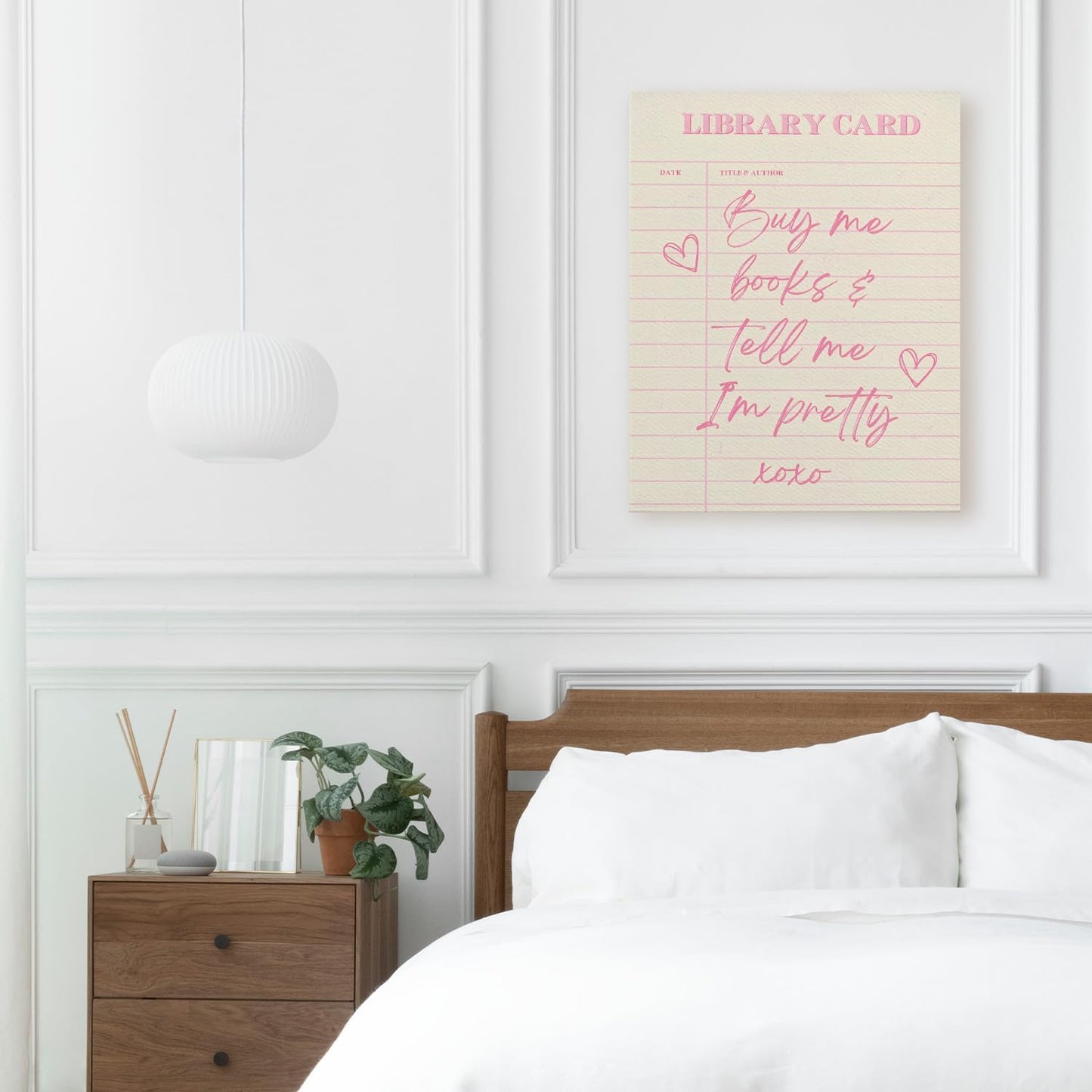 APJYM Trendy Preppy Pink Book Reading Wall Art, Buy Me Books and Tell Me I'm Pretty Library Card Canvas Wall Art for Classroom Girls Room Dorm Reading Nook Corner Room, 11x14 Inches Framed