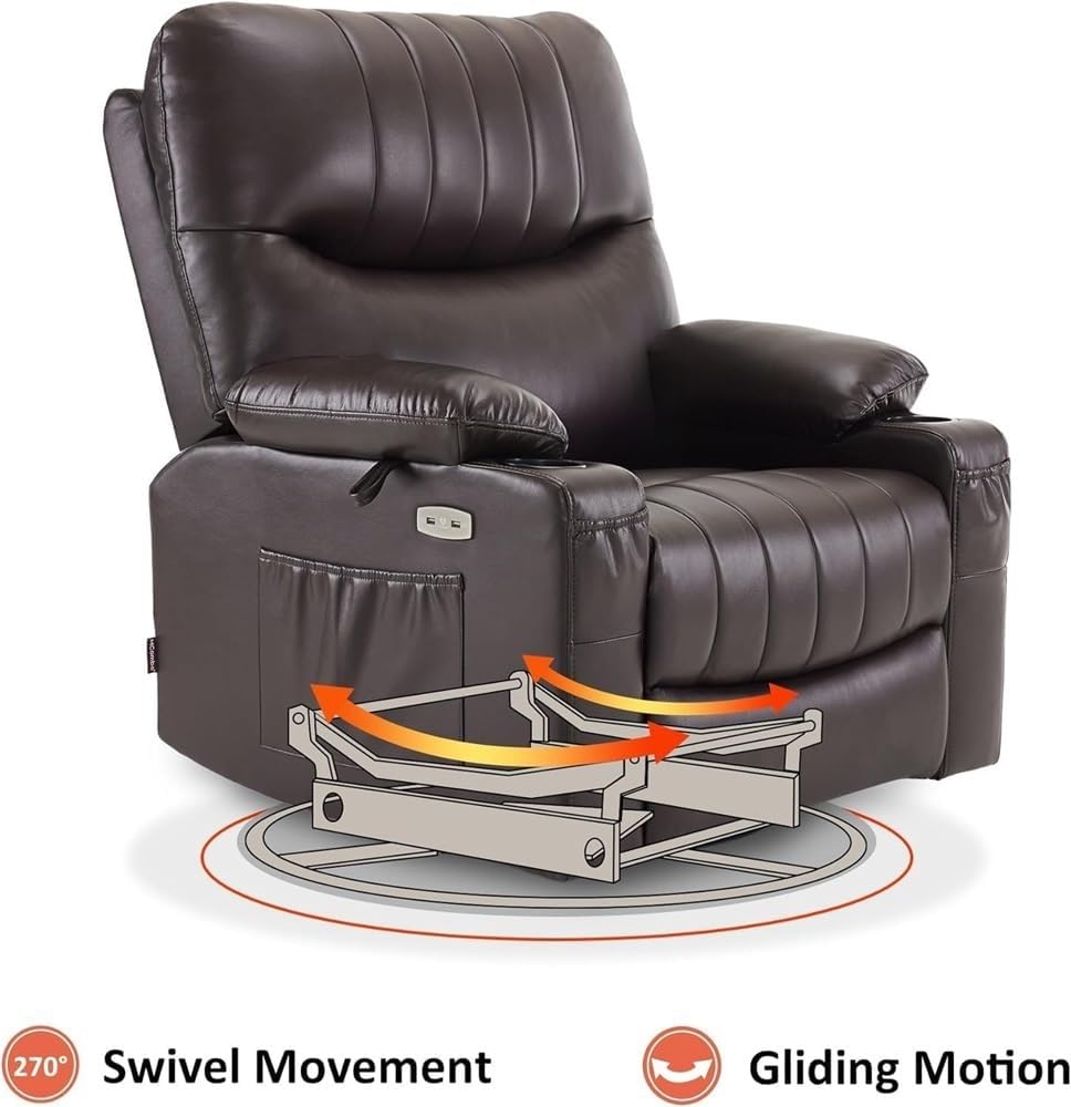 Power Swivel Glider Rocker Recliner with Heat & Vibration Massage, Overstuffed Electric Reclining Chair with USB Ports – Plush Comfort Recliner for Living Room & Home Theater